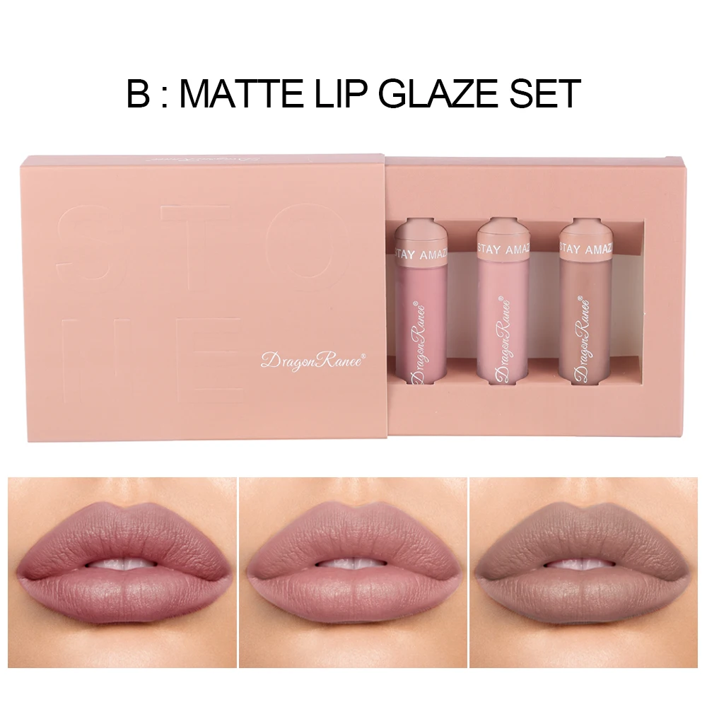 Set DROGAN RANEE Lippenglasur-Set, samtmatter flüssiger Lippenstift, langlebig, antihaftbeschichtet, Lippenkunst, Farbe, modisches Make-up, Geschenkbox