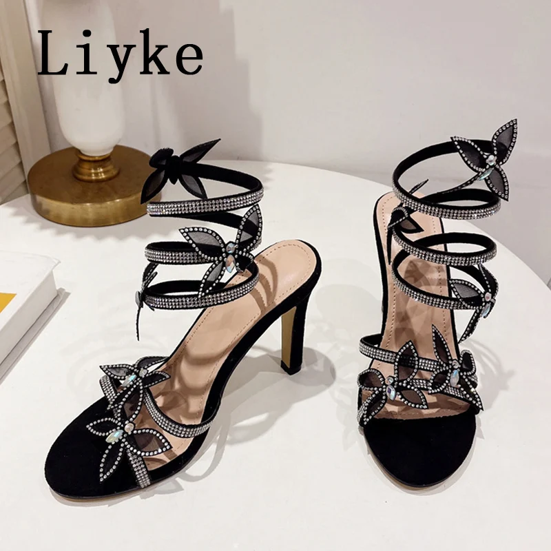 Liyke Brand Fashion Crystal Butterfly Women Sandals Black Silver Open Toe Rhinestone High Heels Wedding Banquet Shoes Sandalias