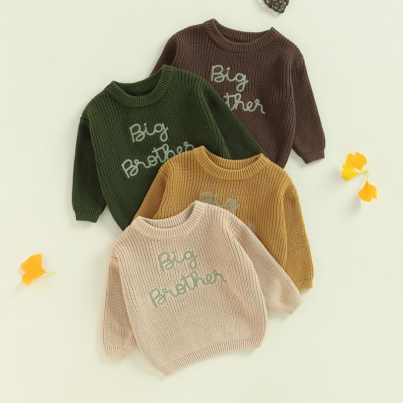 Toddler Baby Boy Big Brother Sweater Embroidery Chunky Knit Pullover Top Promote to Big Brother Shirt Fall Winter Clothes