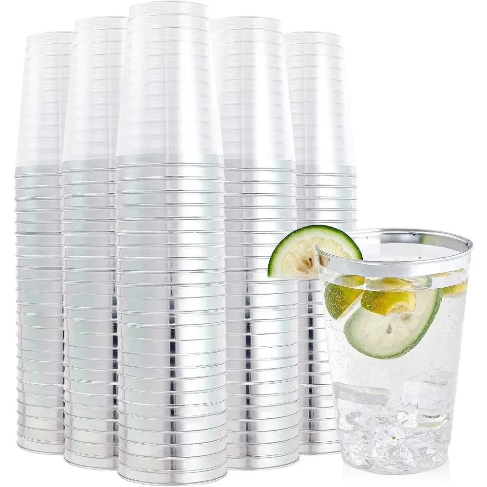 

Good Home Furnishings Upgraded version 200 Pack 12 oz Silver Rimmed Plastic Cups, Clear Plastic Cup,Heavy-duty & Fancy Disposabl