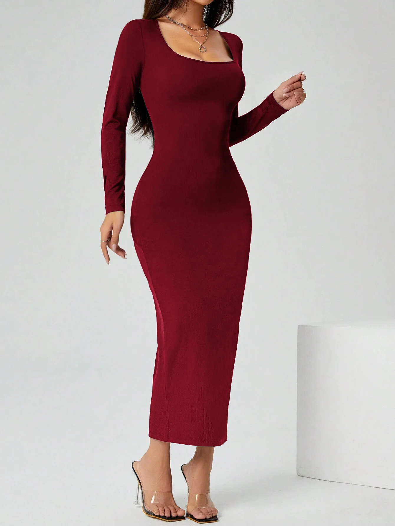 Damen Geripptes Strick-Bodycon-Midikleid Quadratischer Ausschnitt Langarm Schlanke Passform Party-Abend-Bleistiftkleid – Detail 4