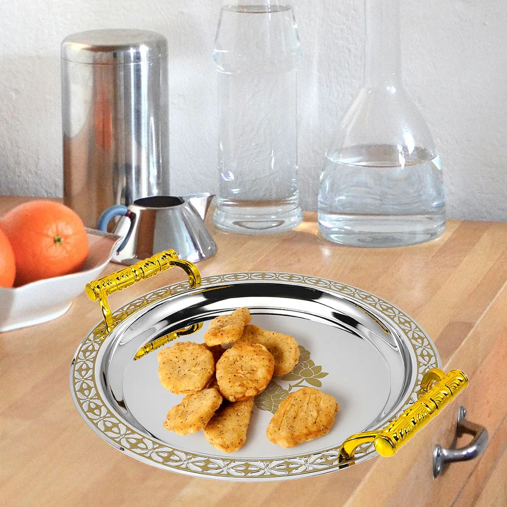 

Breakfast Tray European Pattern Dinner Plates Tea Cup Round Platters Stainless Steel Dessert Serving Jewelry Trays