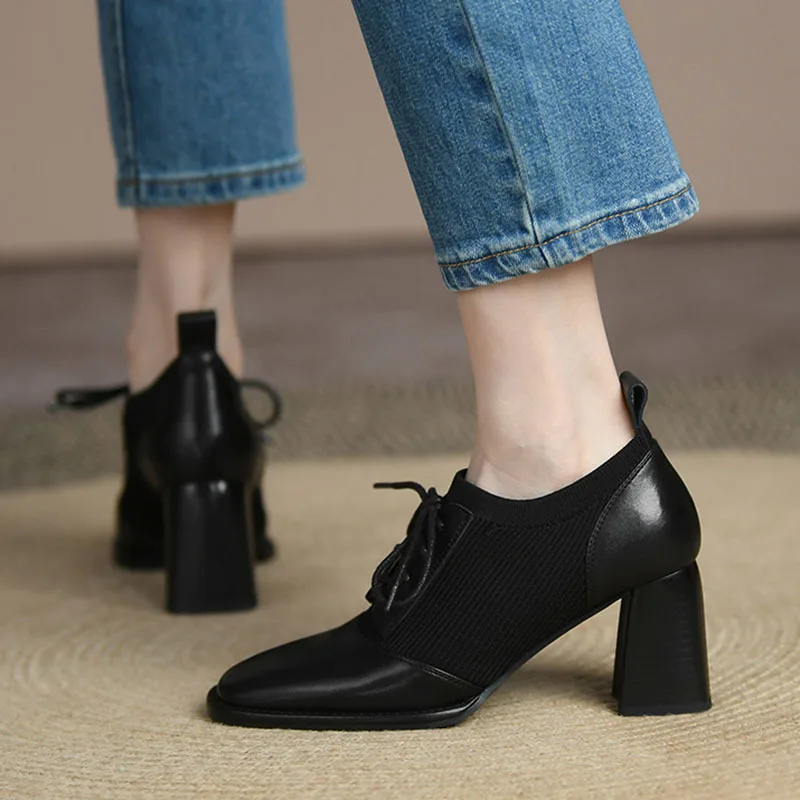 2024 New Flashion Women Oxford Shoes High Heels Bare Shoes Pointed Toe Lace Up Ankle Shoes Stretch Vintage Womens Shoes Plus Siz