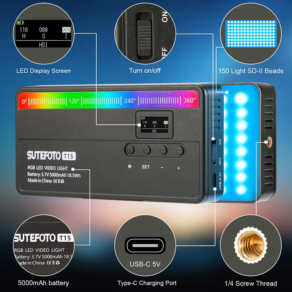 SUTEFOTO T15 RGB Mini LED Video Light 5000mAh 12W 2800-10000K Rechargeable Handled Pocket Panel Light for Vlog Recording