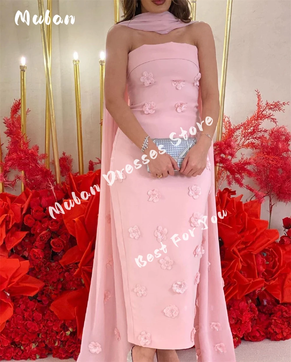 

Strapless 3D Flower Evening Dresses With Cape Saudi Arabia Modern Formal Dresses For Prom Gowns vestidos de fiesta