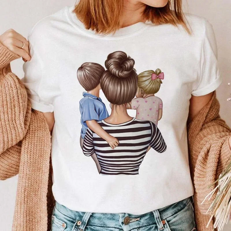 Plus Size Maycaur kobiety kreskówka mama matka chłopiec dziewczynka nadruk matka pani T-shirty dorywczo T Shirt damski koszulka z nadrukiem