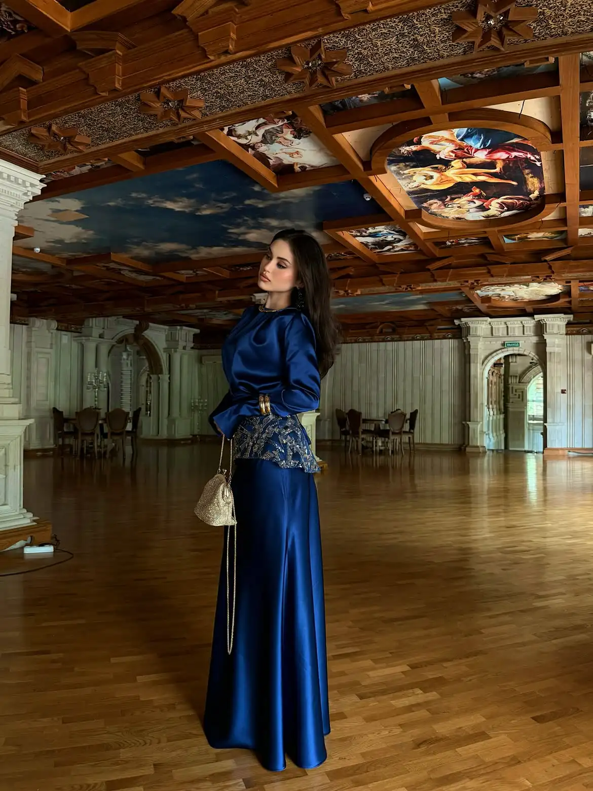 Royal Blue Two Piece Evening Maxi Gown High Gloss Satin Round Neck Long Sleeve Blouse Floral Sequined Beaded Peplum Waistband Hi