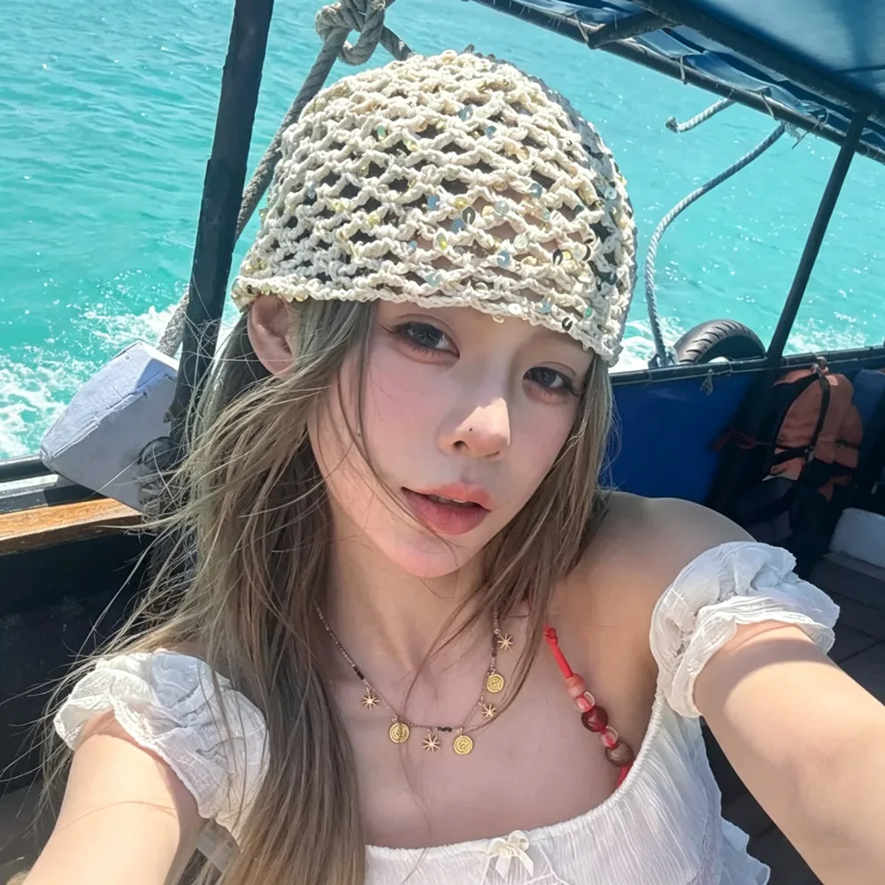 

Korean Style Y2K Sequined Hollow Pullover Hat Hair Scarf Women Summer Fishnet Knitted Hood Headband Shiny Seaside Crochet Hat