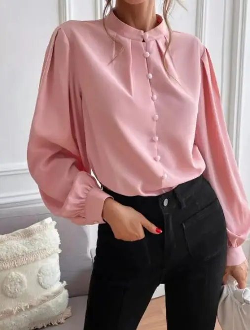 2025 primavera nova elegante gola de cor sólida manga longa única linha botão solto camisa superior feminina para mulher