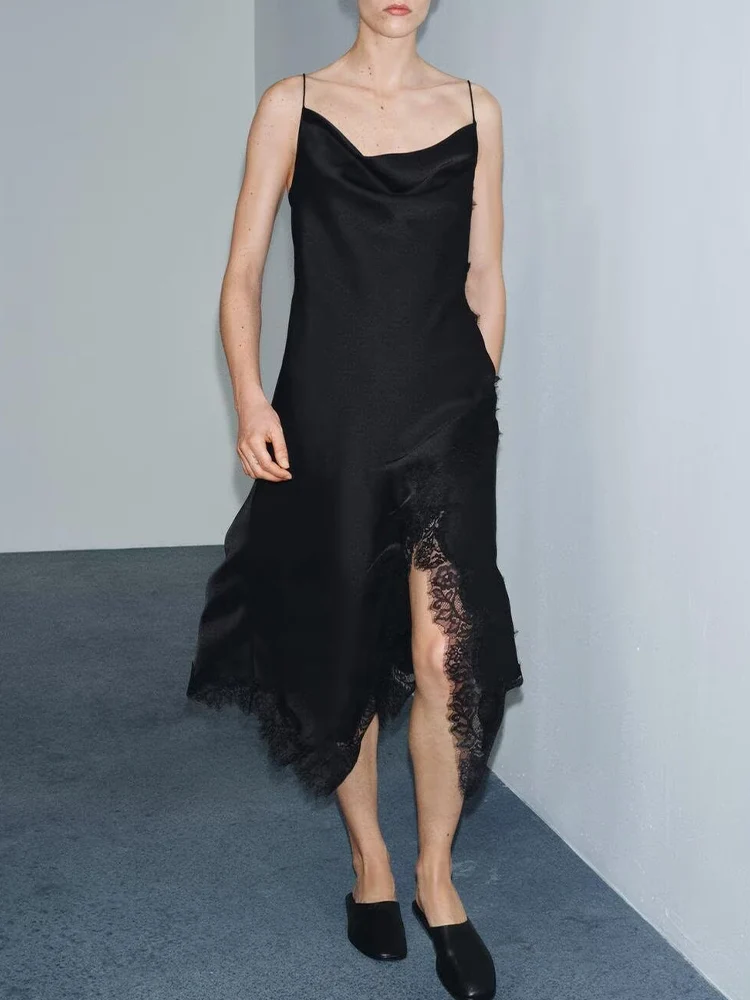 Europäisches und amerikanisches 205-Winter-Neuankömmlings-Damenkleid im französischen Stil mit asymmetrischem Spitzenkleid und drapiertem Ausschnitt