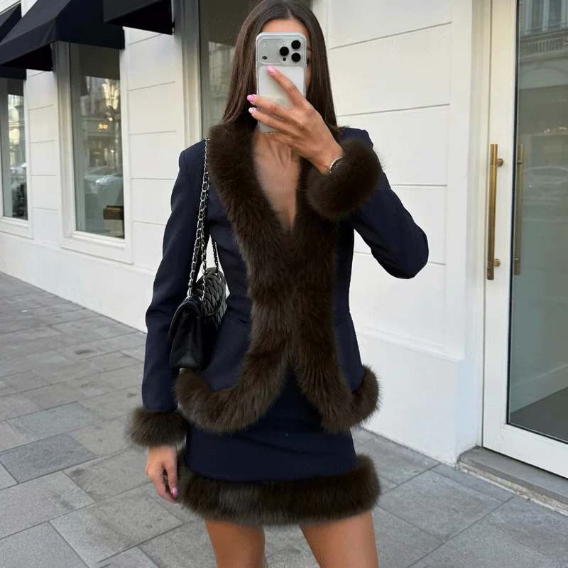 

Ticketsx Women's Plush 2-Piece Dress Sets Autumn Vintage Slim Jacket Top Long Skirt Sets Elegant New Warm Streetwear Female Suit