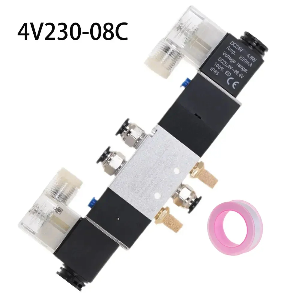 

4V230-08C 5 Way 3 Position 1/4" Pneumatic Solenoid Valve DC12V DC24V AC110V AC220V w Fittings Connector 4 6 8 10 12mm