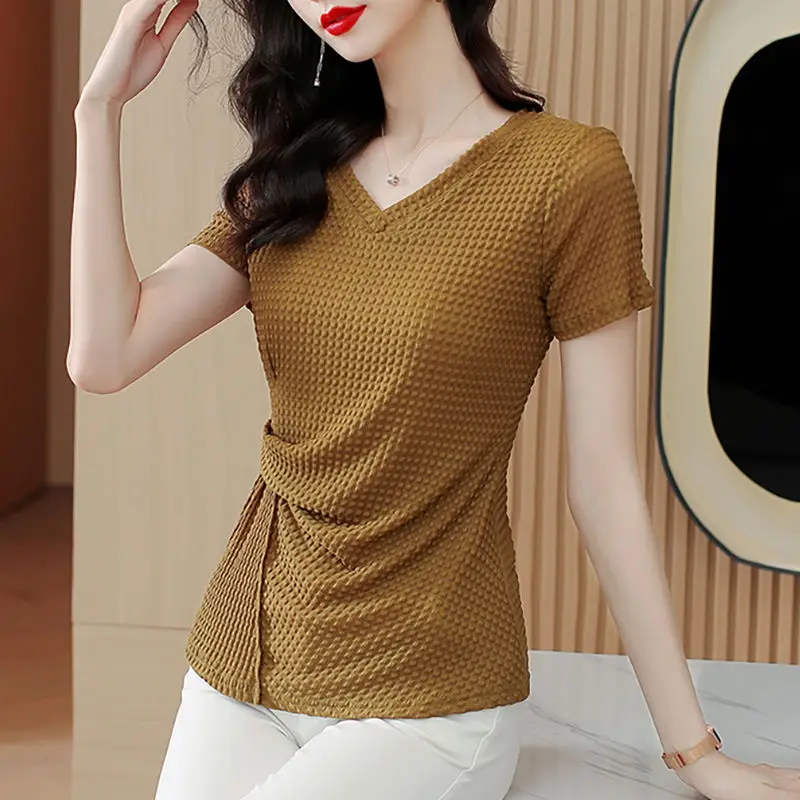 Pullovers New Women\'s Summer Solid Color V-Neck Asymmetrical Casual Fashion Versatile Slim Short Sleeve Commuter T-shirt Tops