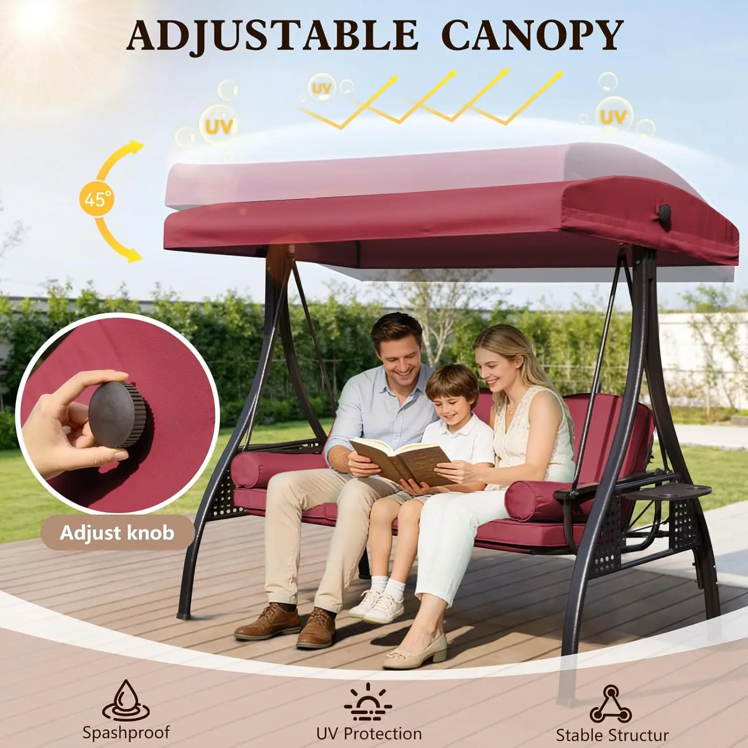 

Outdoor porch swing with canopy 3-seat convertible bed bench for adults garden deck use wine red square tube