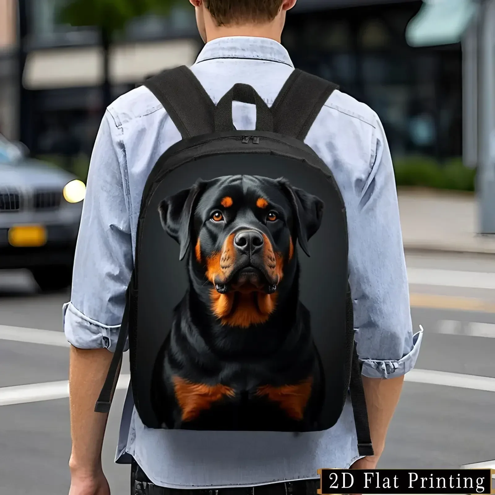 Custom Stylish Rottweiler Print Backpack Lightweight Large Capacity Foldable Daypack With Adjustable Straps & Side Pockets