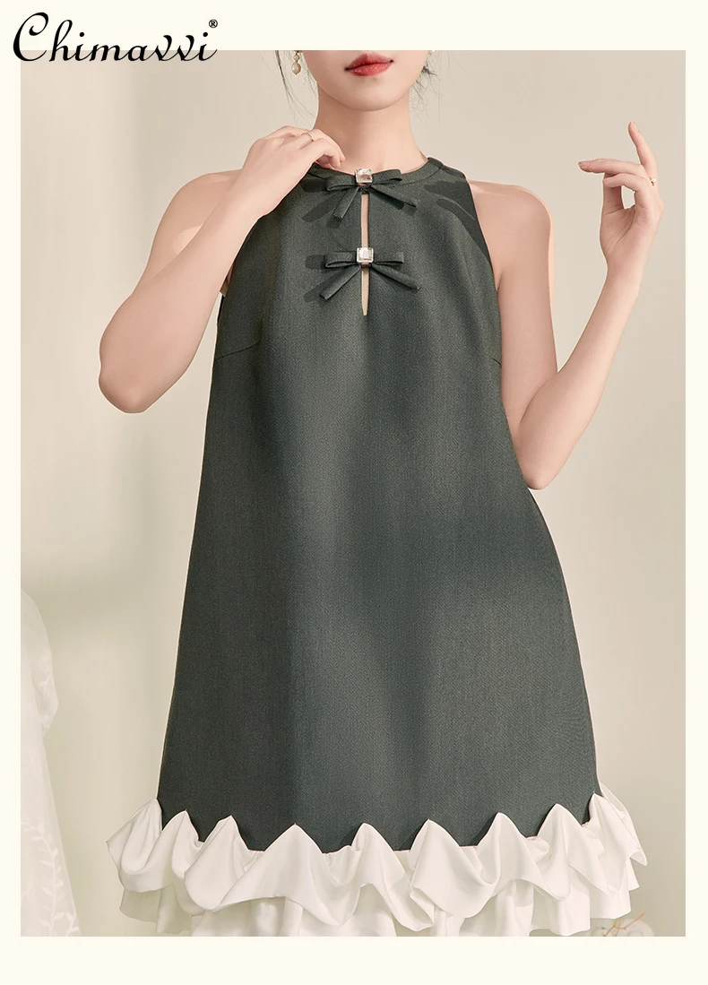 

French Temperament Elegant Halter Neck Off-shoulder Diamond Bow Ruffles Splicing Loose A-line Short Evening Dress Women Summer