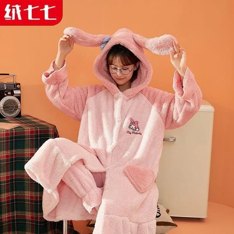 

Kawaii Sanrio My Melody Pajama Robe Set Coral Fleece Female Students Dormitory Autumn Winter Thickened Cartoon Wearable Outside