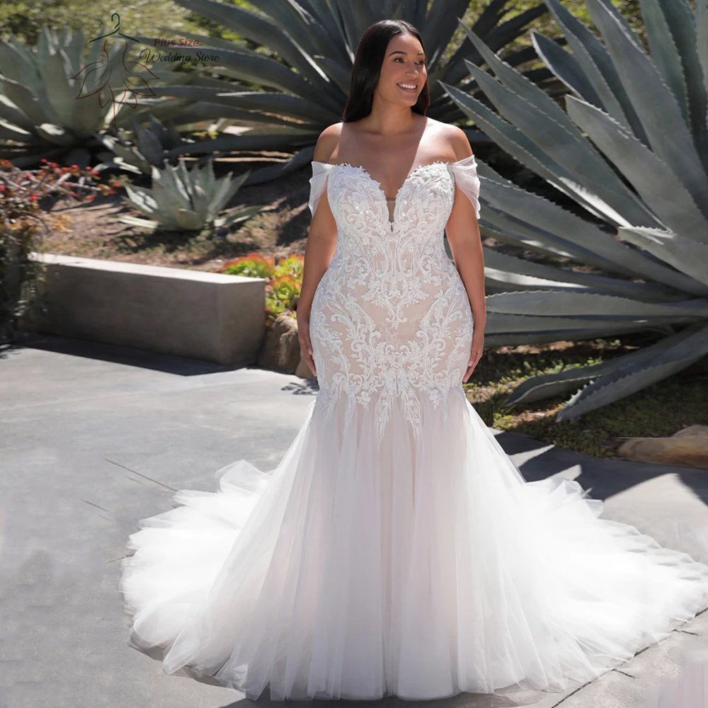 Vestidos De Novia De novia De talla grande con hombros descubiertos, vestidos De Novia con apliques, tren De barrido, Vestido De Novia De sirena PSL98001