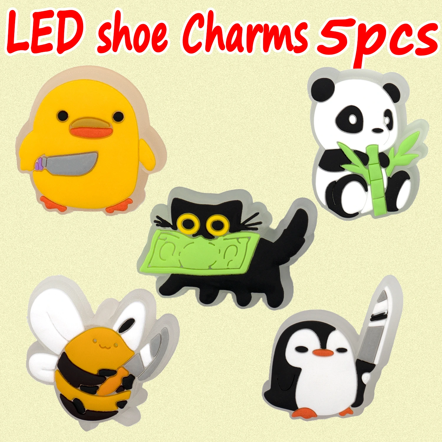 1/5 Stück LED Lustige Tiere Schuh Charms Ente Katze Pinguin Panda Biene Schuh Dekoration Zubehör Weihnachten Pin Clog für Kinder Geschenk