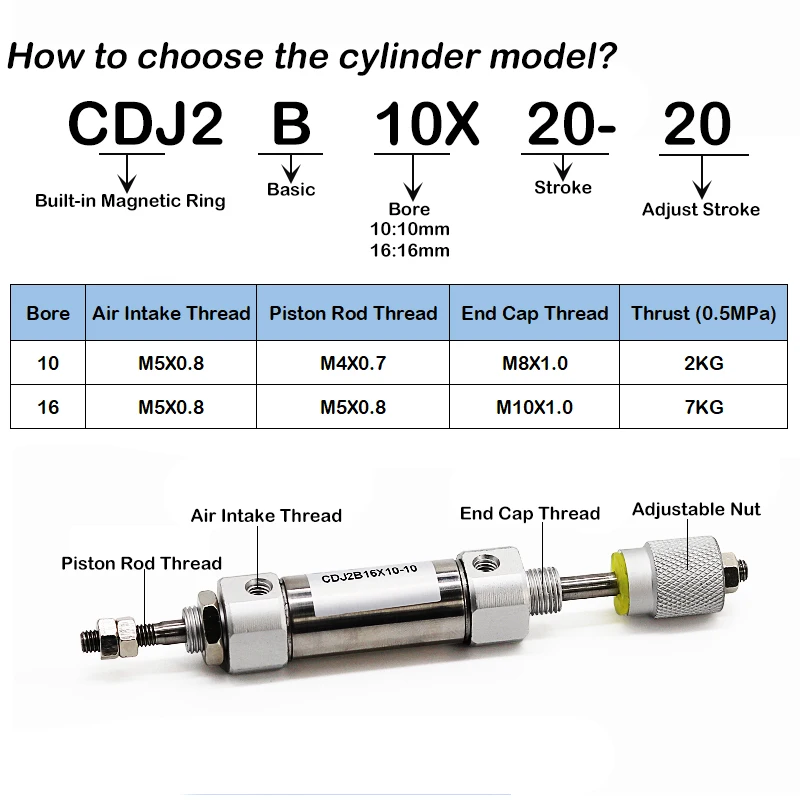 CDJ2B XC8 Adjustable Mini Air Cylinder CJ2 Pneumatic Piston Pen Single Rod