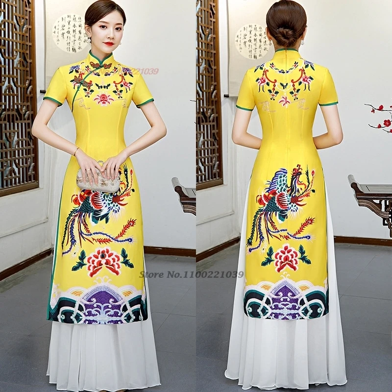 Robe chinoise qipao améliorée, vintage, imprimé phénix, vietnam ao dai, robe de soirée élégante, robe de banquet orientale, 2025