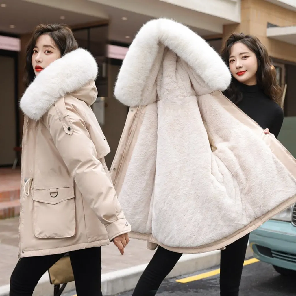 

Women's Loose down Cotton-padded Jacket Korean Style with Fur Collar Fleece-lined Parker Tight Waist Fashionable Outerwear