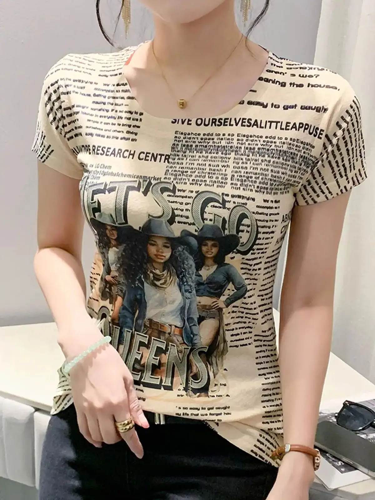 Summer New Fashion Positioning Printed Short sleeved T-shirt Bottom Shirt Slim Fit Tops for Women 2024