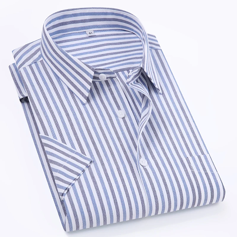 

100% Pure Cotton Oxford Men's Striped Shirt Short Sleeves Regular Fit Men Pocket Casual Shirt Leisure Autumn Male Blouse S-8XL