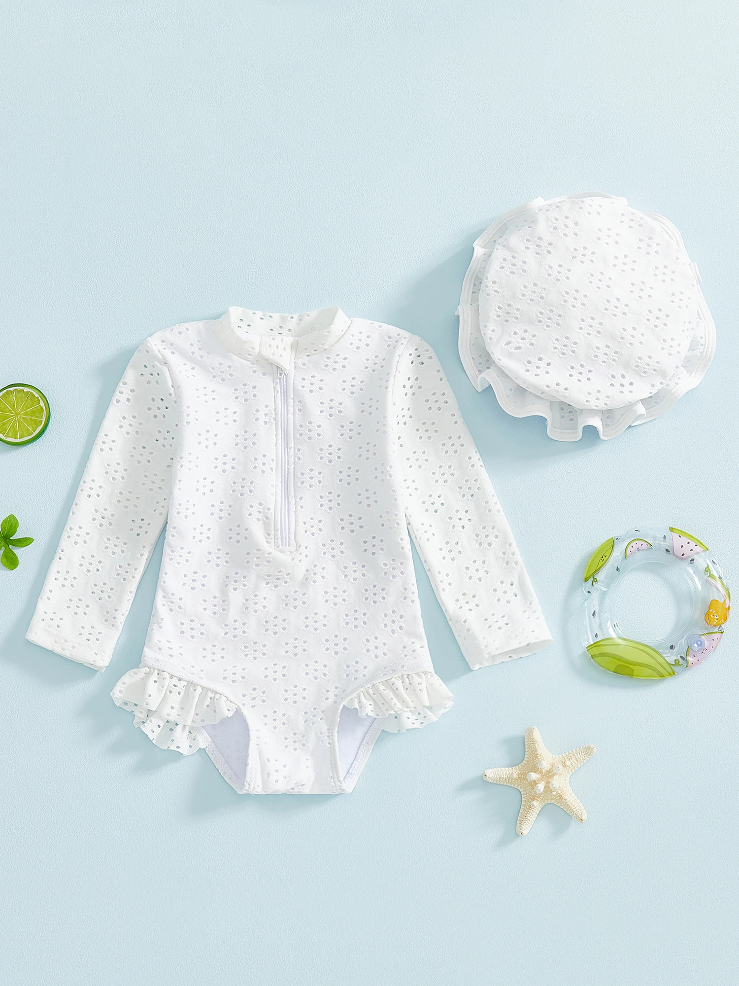 Stylish Baby Girl Swimsuit Set Adorable Floral Print Long Sleeve Rash Guard Bathing Suit with Matching Hat Trendy Infant