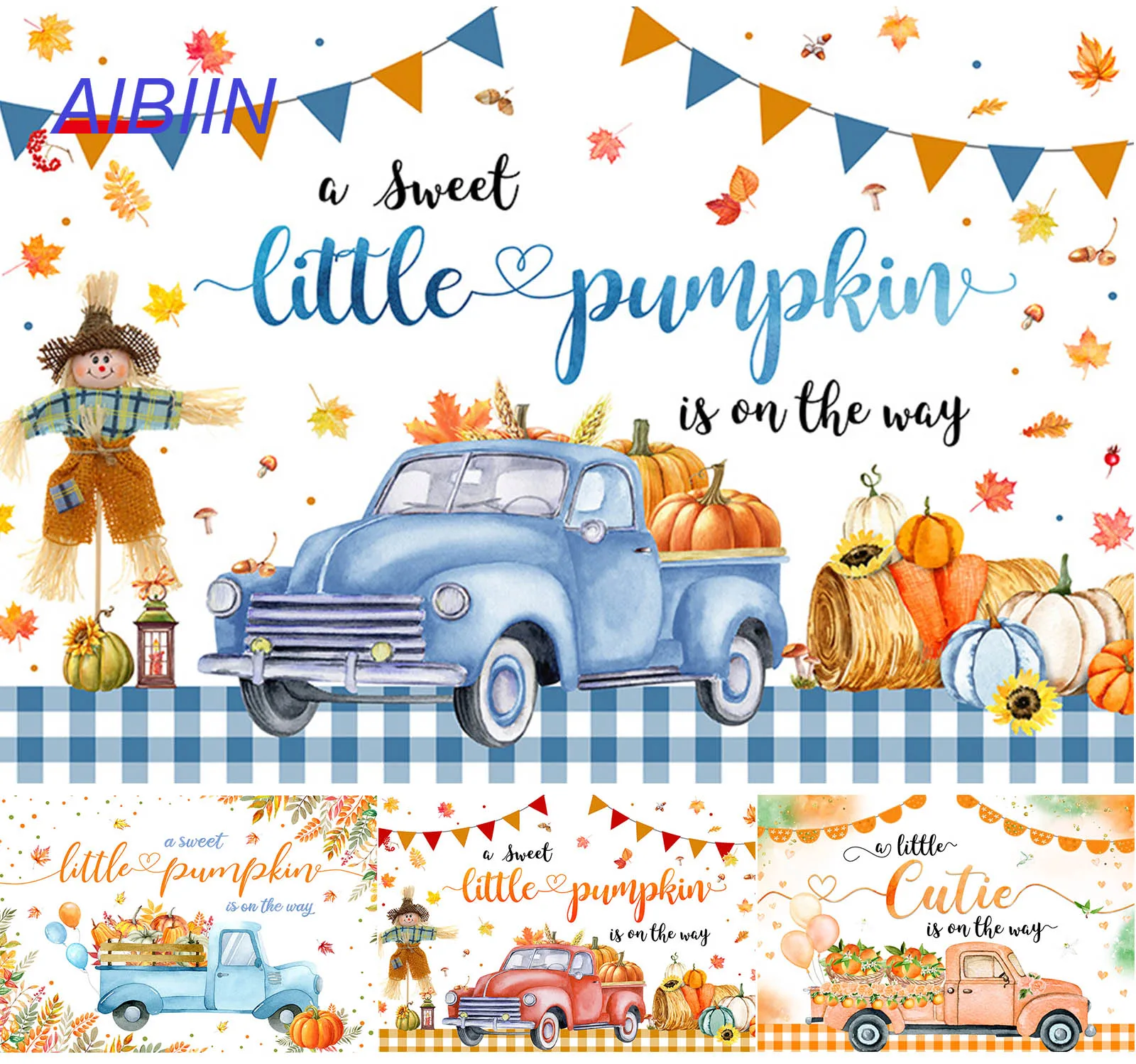 

AIBIIN Pumpkin Baby Shower Party Decor Backdrop Fall Autumn Maple Leaf Scarecrow Truck Harvest Photography Background