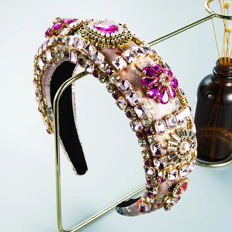 Heming headband heavy industry baroque court style color full diamond headband thickened sponge embroidery wide edge hair access
