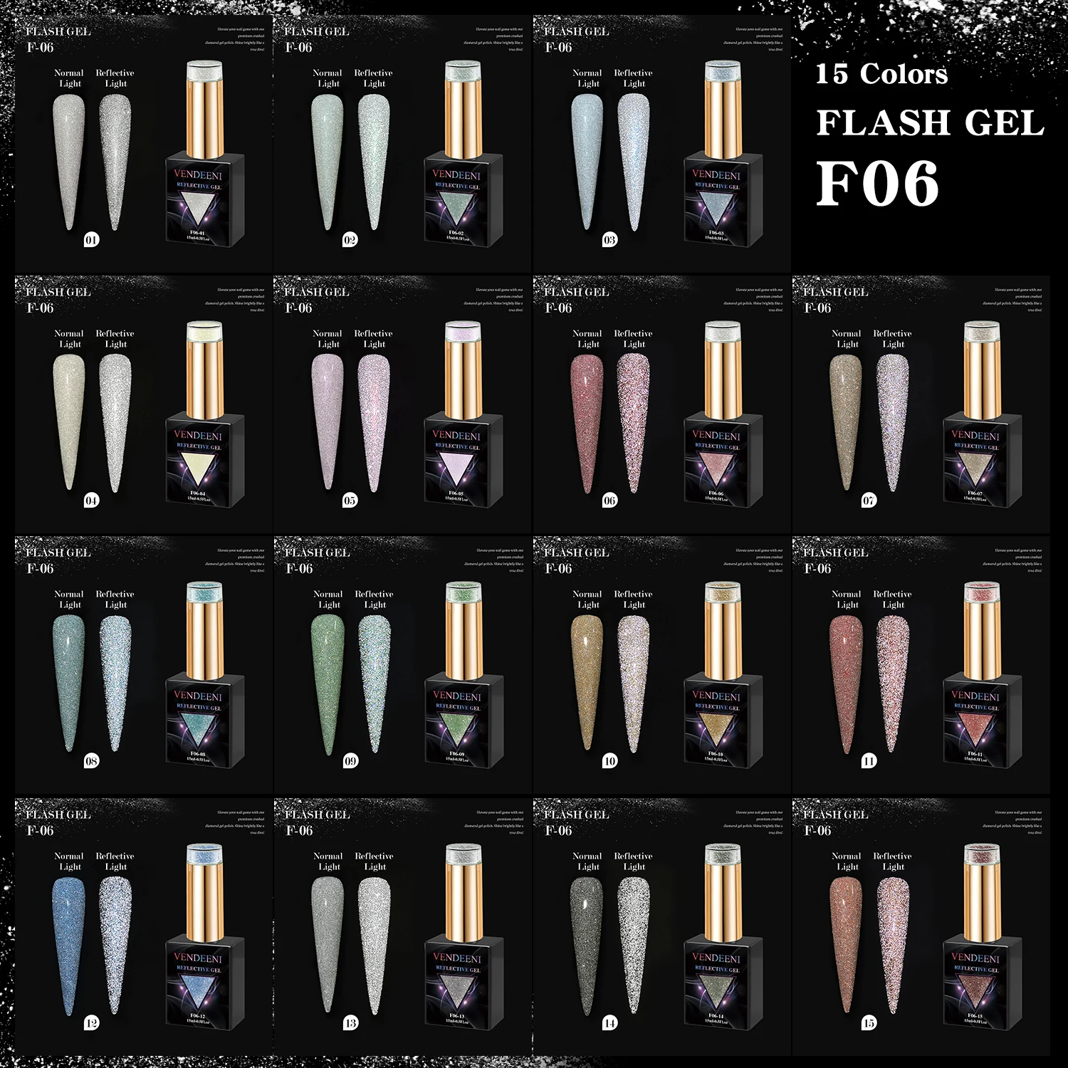 Vendeeni 15colors Reflective Disco Diamond Gel Nail Polish Set Collection FREE HEMA TPO OEM Esmalte Reflective Vernis Gel Polish