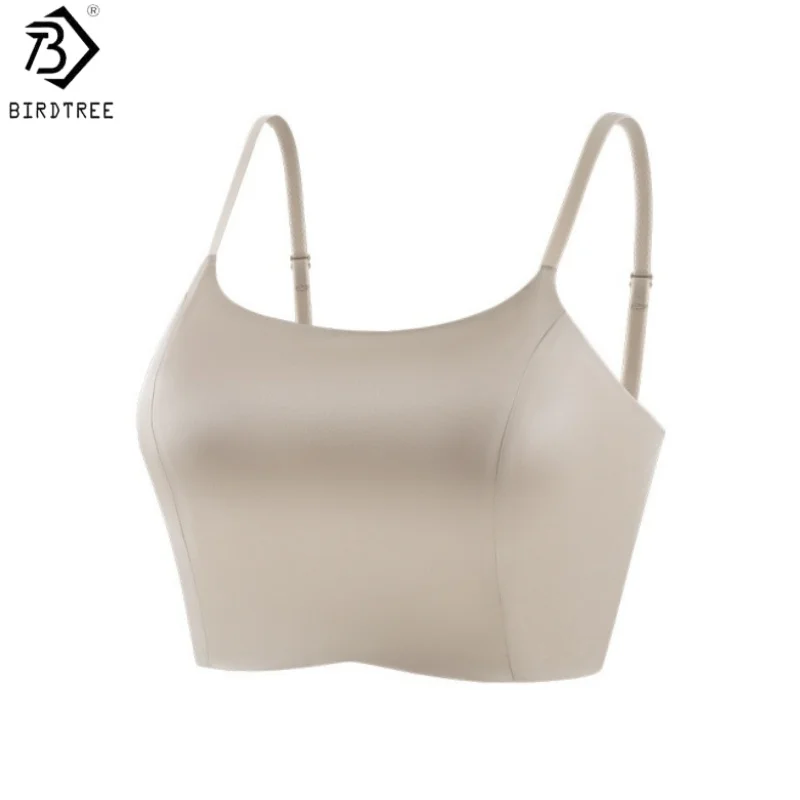 Birdtree, 93% Silk 7% Spandex Sling Tank Top, Sleeveless Solid Bra, Women's Satin Tops, With Breasted Pads, 2026 New T6O802JF