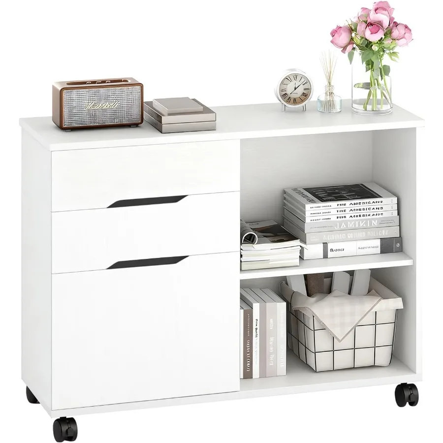 خزانة ملفات قابلة للسحب بثلاثة أدراج مع أرفف مفتوحة؛ يمكن استخدامها كرف طابعة مكتبي وتخزين تحت المكتب؛ أبيض. #1