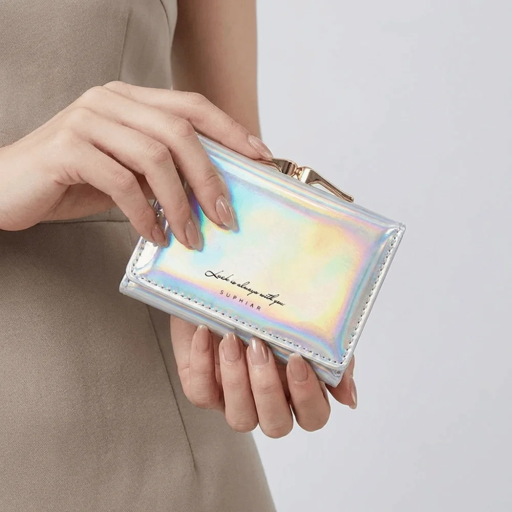 

Элегантный короткий кошелек с несколькими слотами для карт, лазерный, с застежкой, красочный, из искусственной кожи, лазерный кошелек для монет, маленький многофункциональный держатель для карт, женский