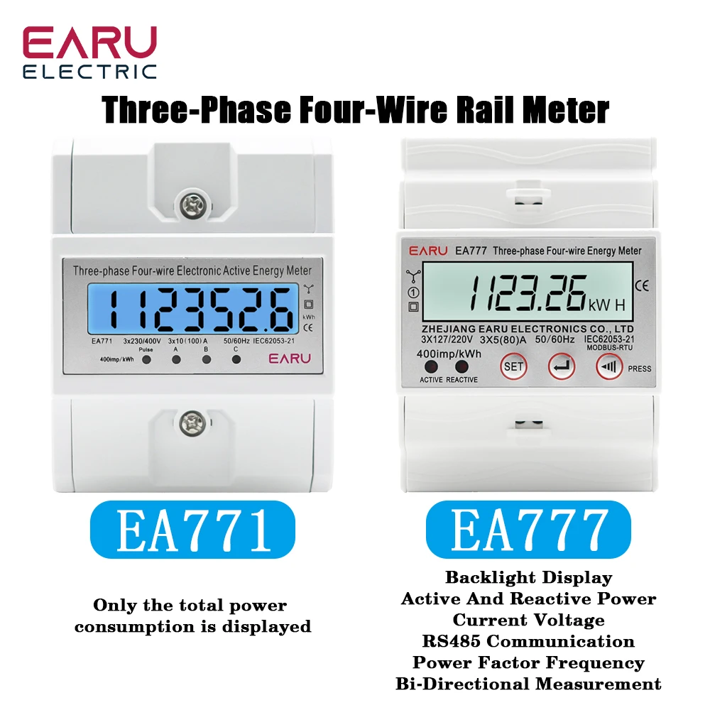 4P 3 Phase 4 Wires BI-Direction Measuring Energy Meter Electricity Usage Meter Din Rail AC 3*230/400V LCD Multifunction Display