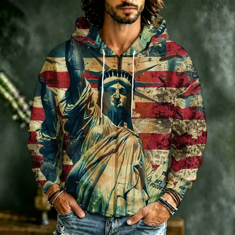 Men Zip Up Hoodie 3D Statue Of Liberty Star Stripe American Theme Print Drawstring Casual Sweatshirt Male Outerwear