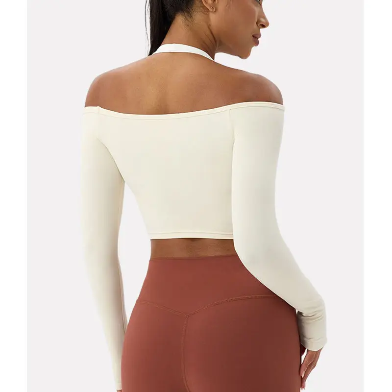 Women Sexy Off Shoulder Yoga Top Long Sleeve Gym Running Top Solid Quick-Dry Sport Workout Shirt image 2