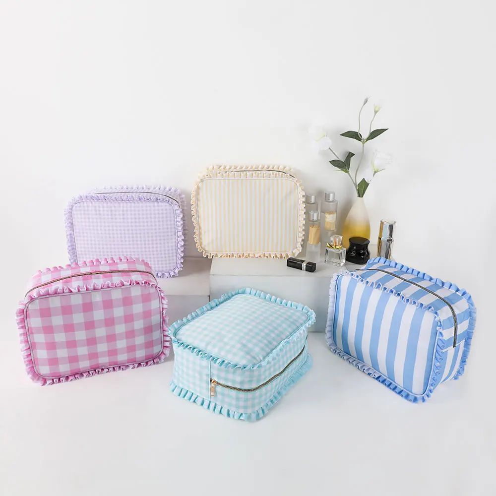 Ruffle Cosmetic Bag Travel Makeup Nylon Pouch For Women Girls Large Toiletry Multifunction Organizer Storage Zipper Waterproof