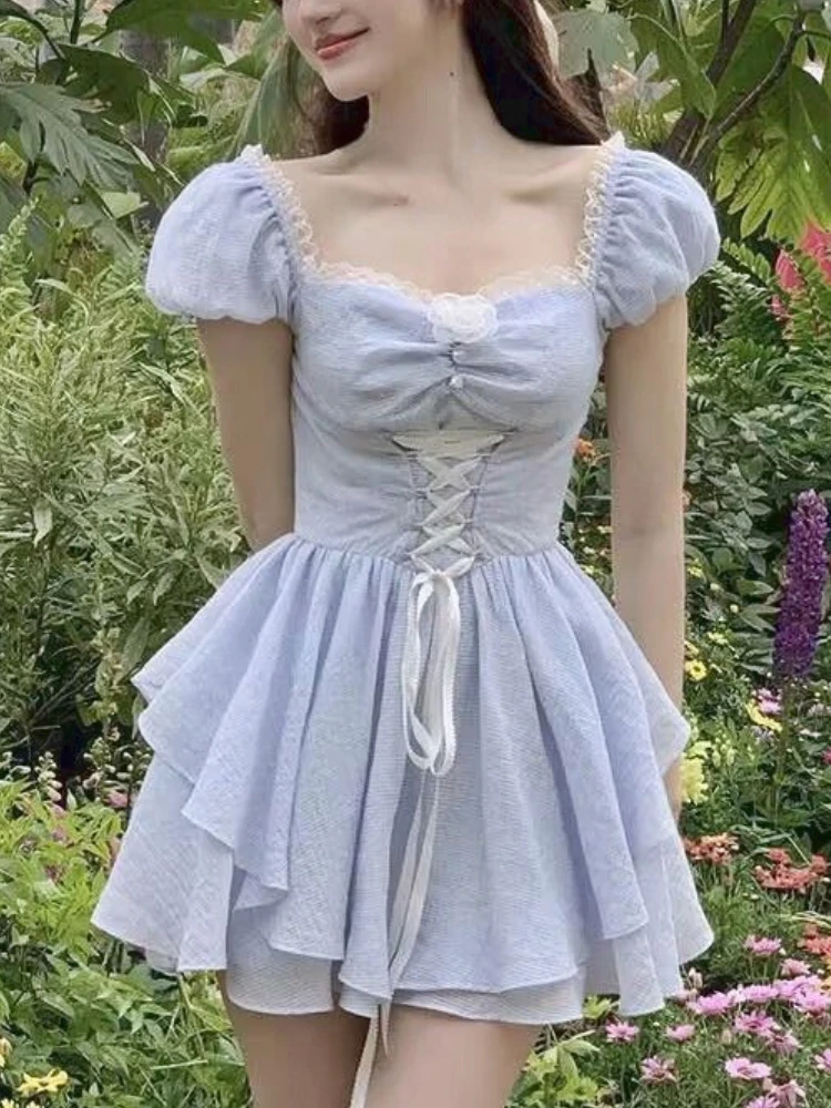 Summer Bule Sweet Kawaii Dress Women Strappy Elegant Fashion Party Mini Dress Female Ruffle Flounce Korean Casual Dress 2023 New