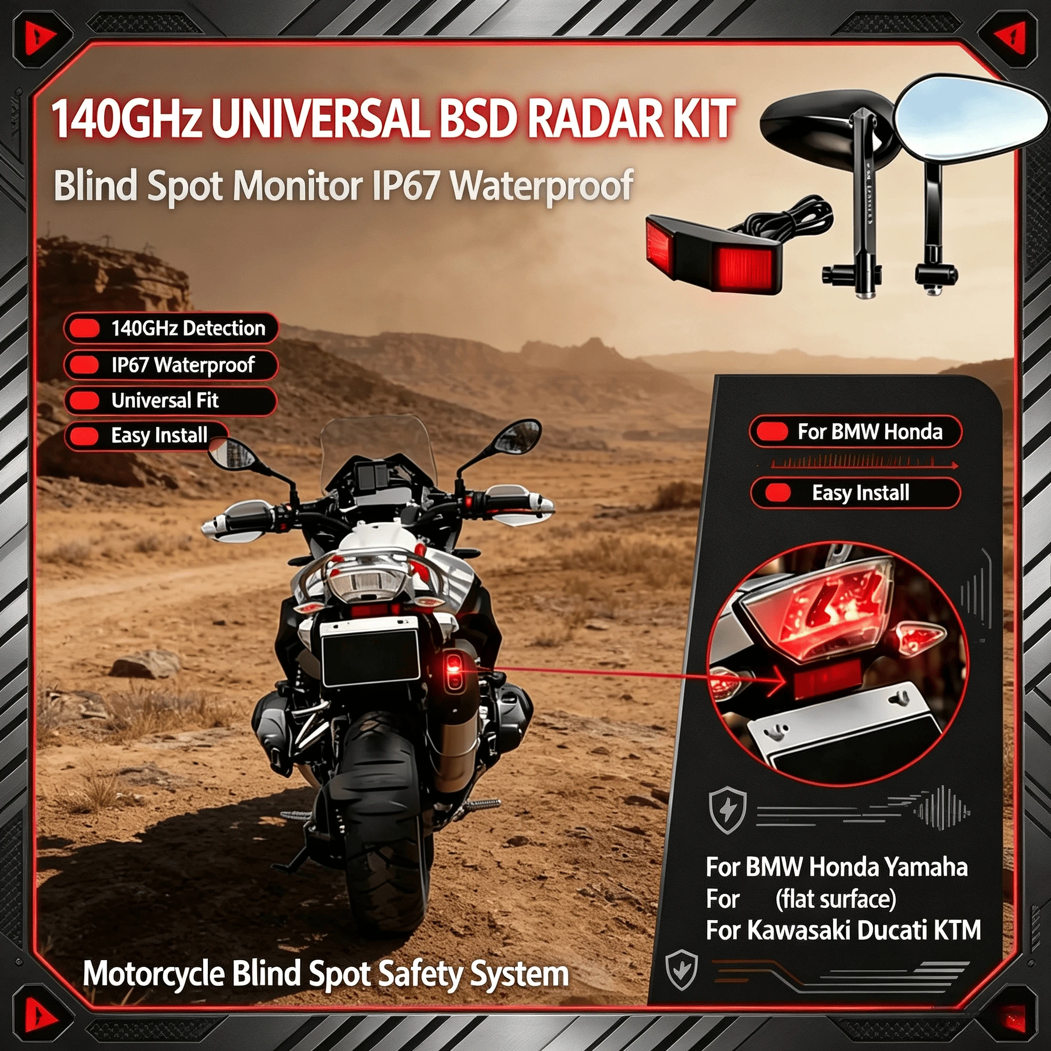 High Performance 140GHz Universal BSD Radar Kit IP67 Waterproof Blind Spot Monitor for BMW Honda Yamaha Kawasaki Ducati KTM CFMo