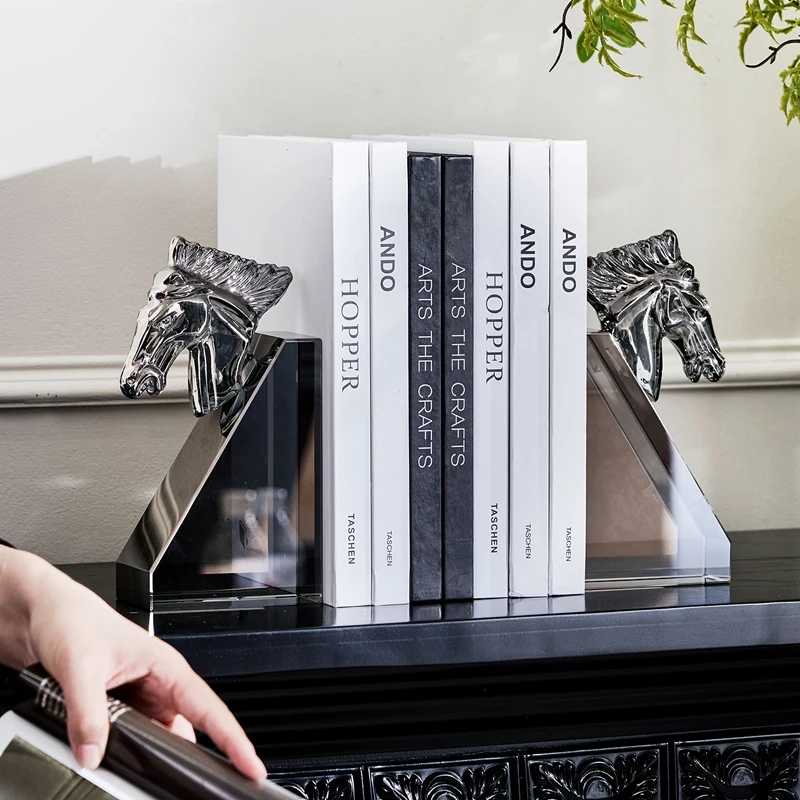 Modern Decor Study Bookcase Desk Ornaments Vintage Crystal Horse Head Bookends Desktop Book Holder Stationery Office Accessories