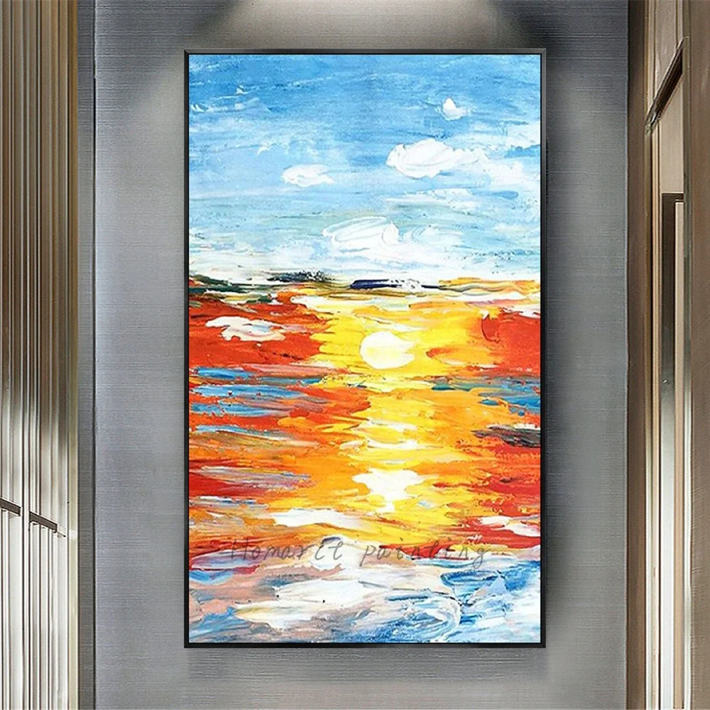 

100% Hand Painted Thick Colorful Sunrise Abstract Wall Art Pictures Modern Original Oil Painting On Canvas Sea View Pretty Beach