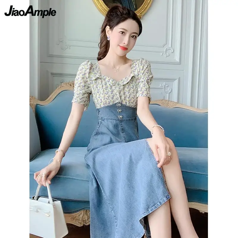 Women\'s Cotton Square Neck Denim Stitching Long Dress 2022 Summer New Slim Bow Skirt Female Clothing Korean Elegant Dresses