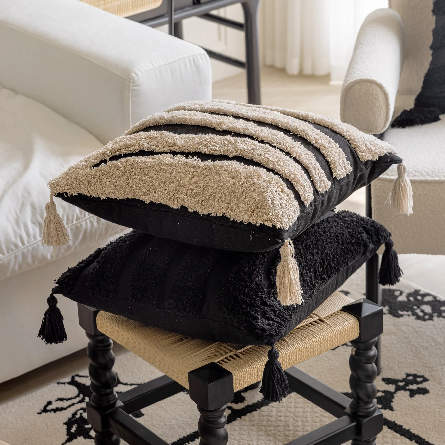 45X45 Boho Geometric Stripes Tufted Cushion Cover Beige Black Tassel Patchwork Throw Pillow Covers Cojines Decorativos Para Sofá