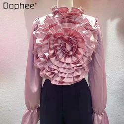 Socialite Advanced Three-Dimensional Flower Shirt Female 2024 Spring New Fashion Luxury All-Match Solid Color Silk Top Ladies