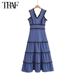 TRAF 2024 Pleated Midi Dress Women Blue Patchwork Long Dress Woman Wide Sleeve Women's Summer Dress Tassel Holiday Female Dress