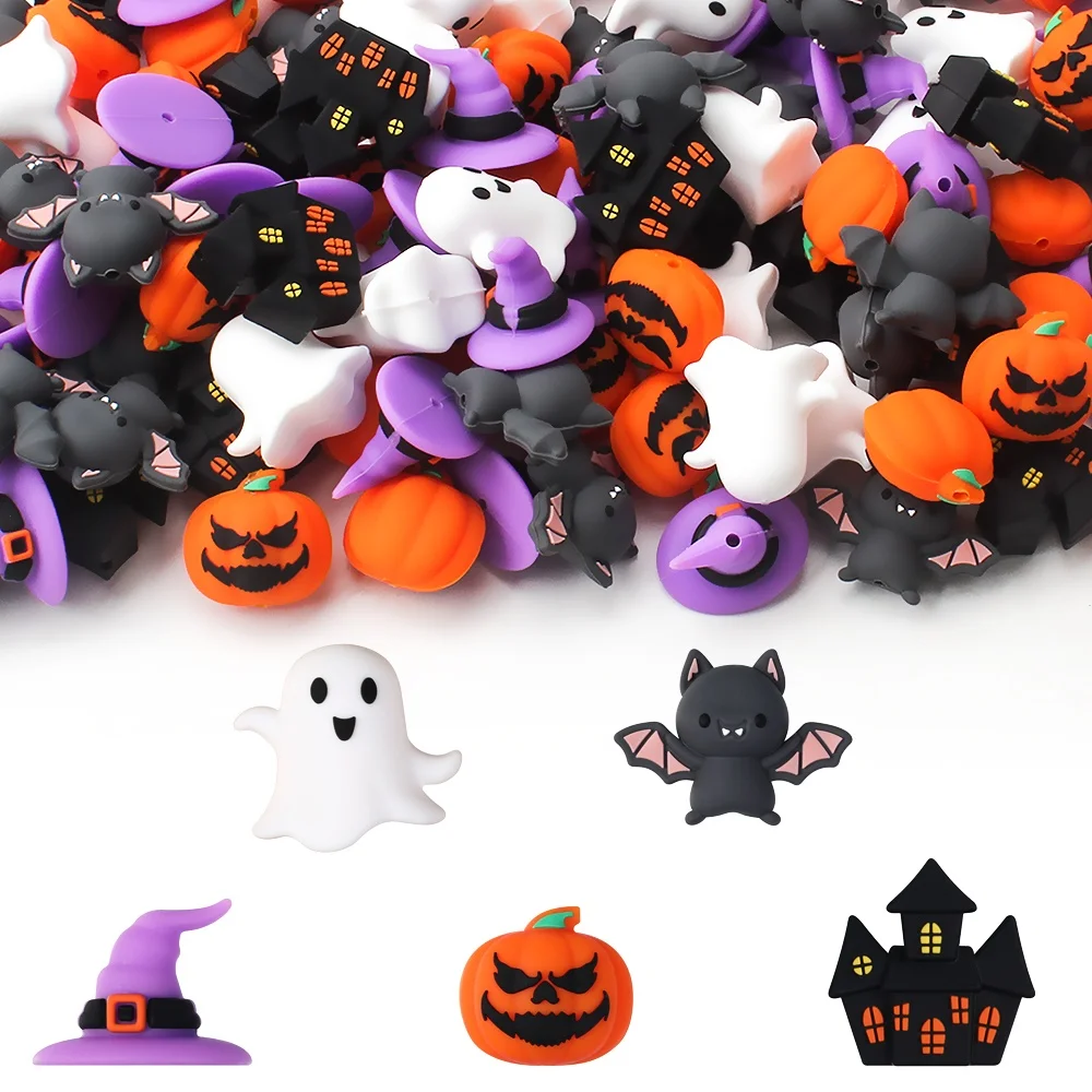 5pcs Halloween Themed Silicone Beads 3D Creative Bat Spooky Pumpkins Focal Beads DIY Jewelry Lanyards Crafting Party Decoration