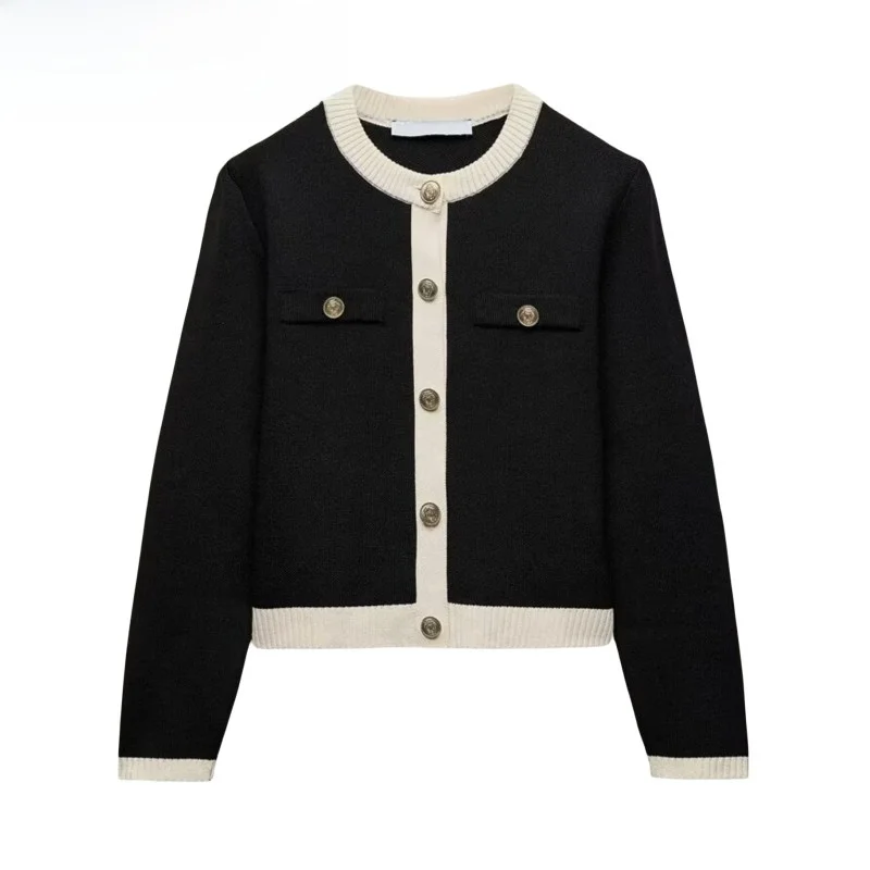 

Autumn Women's Gold Button Long Sve Bla White round Ne Color Blo Knitted Sweater ort Outerwear Sweet Sle Loose Fit