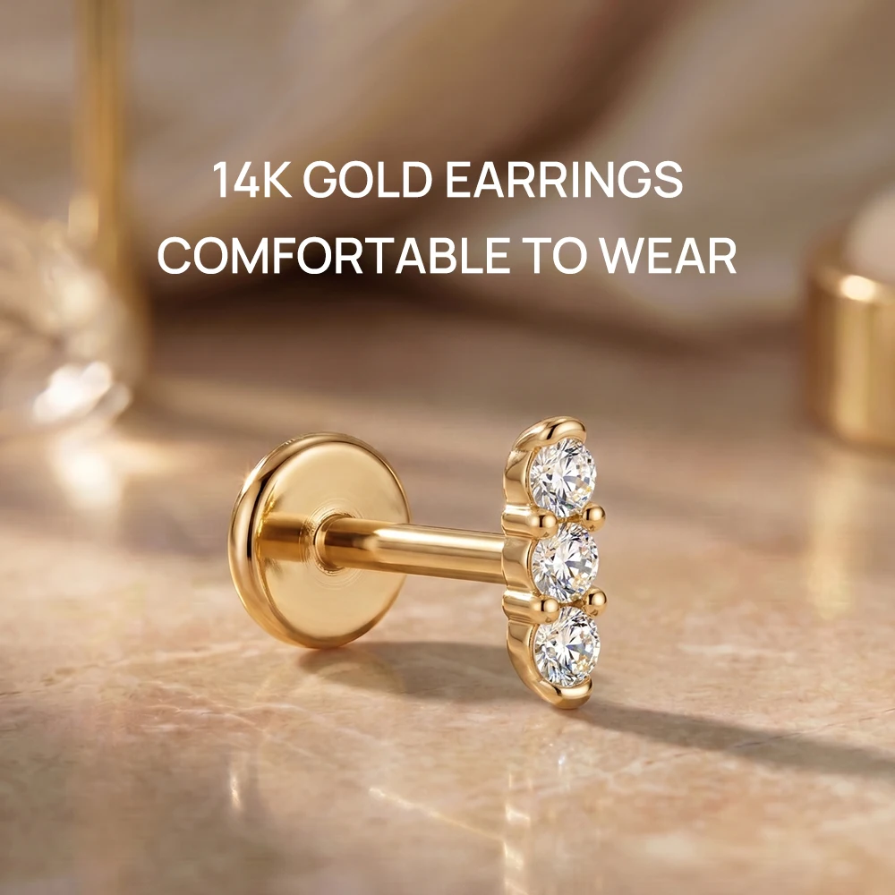 CANNER 14K Solid Gold Single Classic Single Row Three Diamond Studded Flat Head Puncture Earring Trendy Jewelry Gift